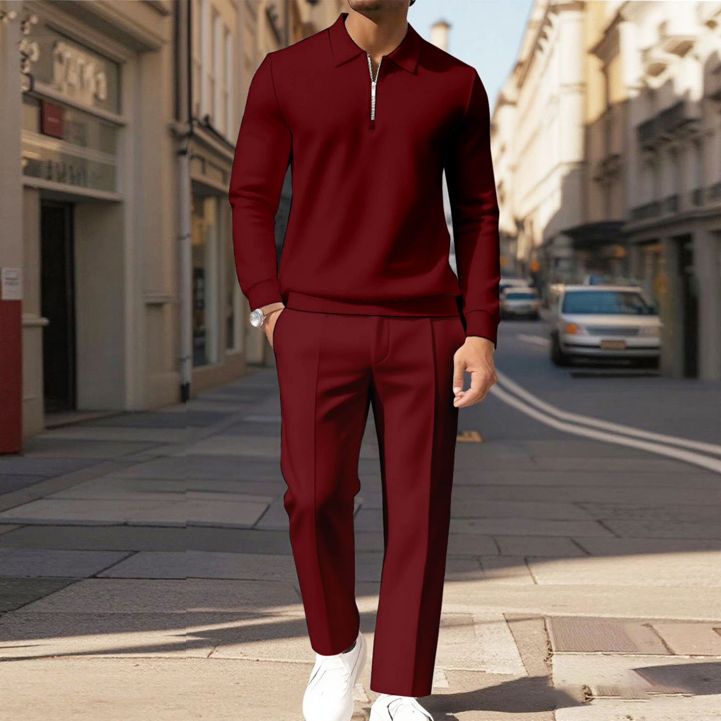 Men's Casual Color Matching Printed Polo-Collar Zipper Long Sleeved Tr