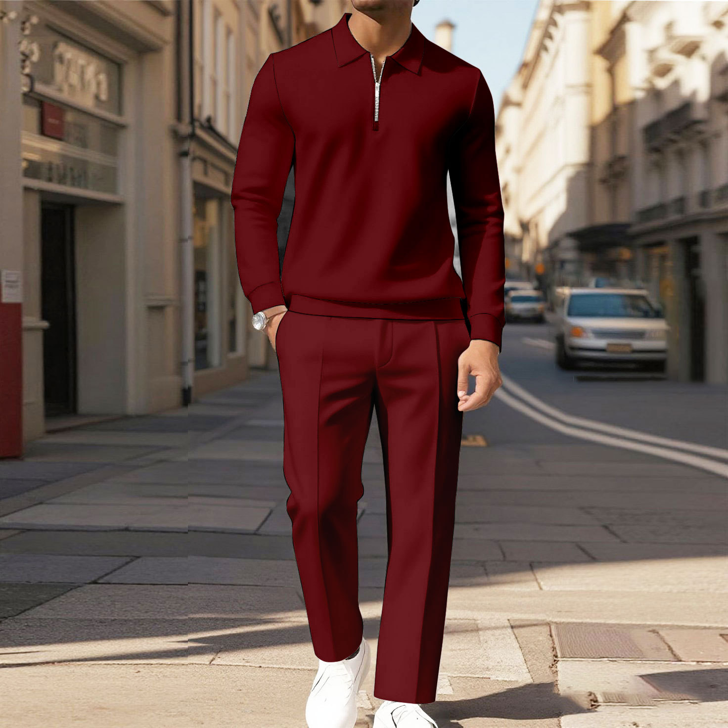 Men's Casual Color Matching Printed Polo-Collar Zipper Long Sleeved Tr