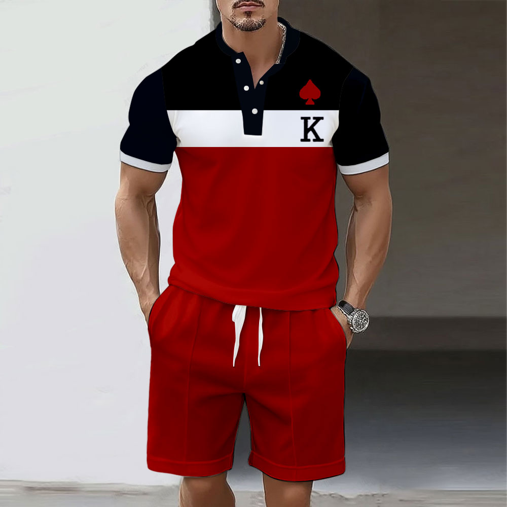 Men's Fashion Polo Round-Neck Geometric Printed Short-Sleeved Two-Piece Set