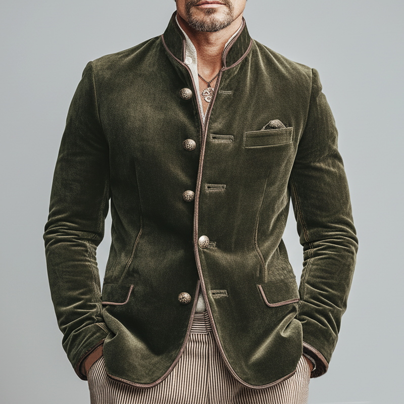 Men's Vintage Velvet Embroidered Lines Stand-collar Slim-fit Jacket