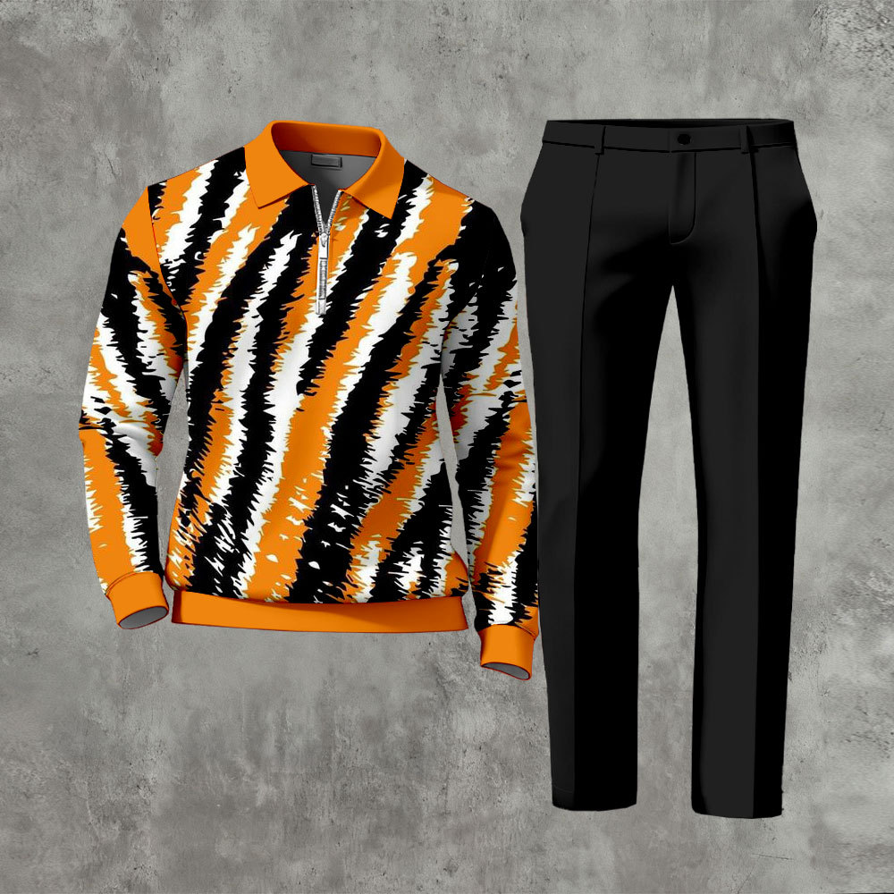 Men's Casual Orange & Black Color Matching Printed Polo-Collar Zipper 