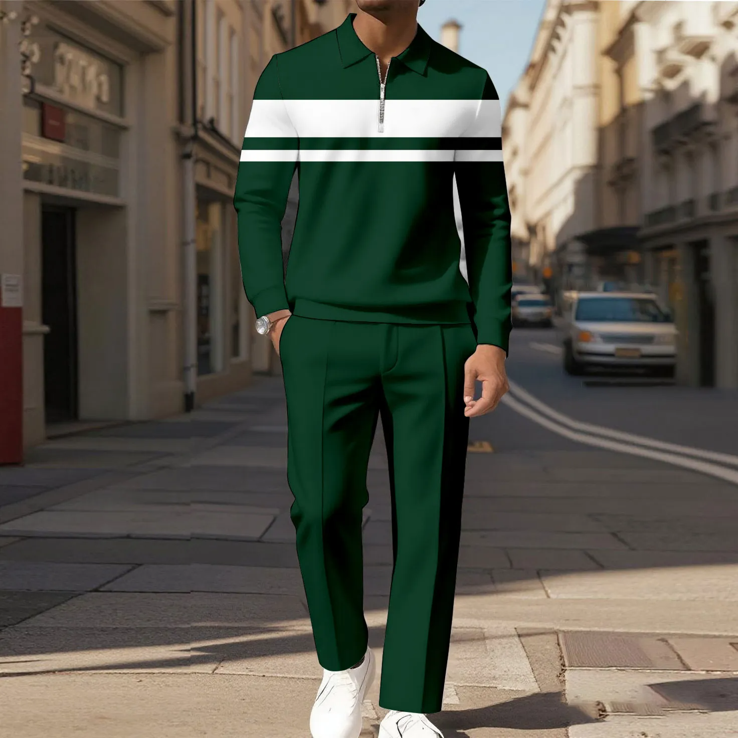 Men's Casual Color Matching Printed Polo-Collar Zipper Long Sleeved Tr