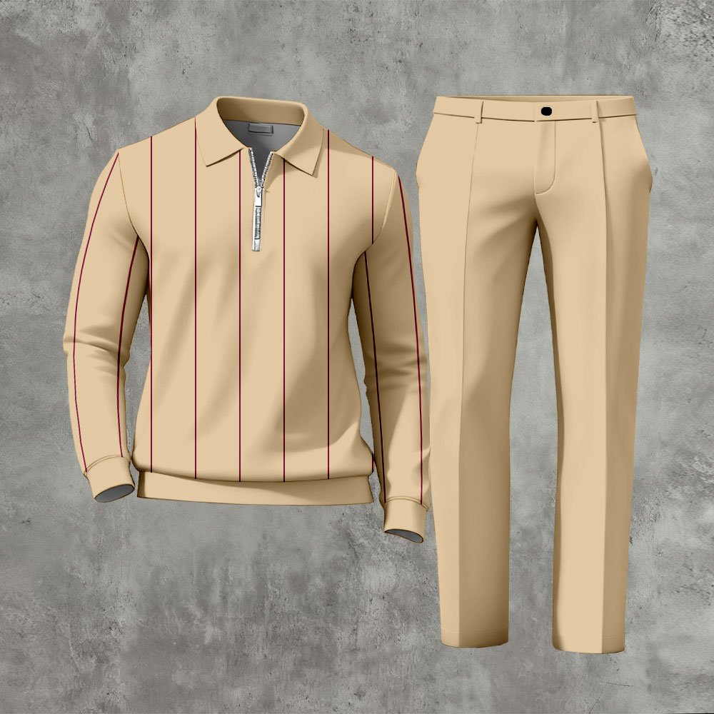Men's Casual Tan Color Matching Striped Printed Zipper Long Sleeved Polo Shirt & Trousers Two-Piece Set