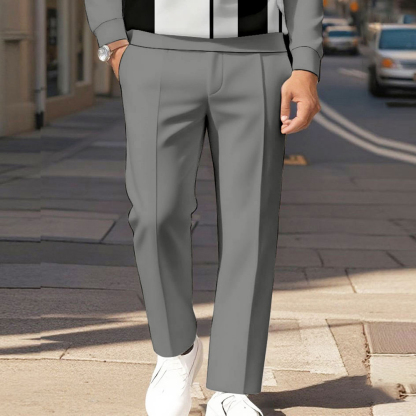Men's Casual Black Gray Color Matching Printed Polo-Collar Zipper Long Sleeved Trousers Two-Piece Set