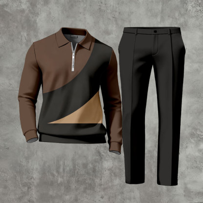 Men's Casual Color Matching Printed Polo-Collar Zipper Long Sleeved Trousers Two-Piece Set