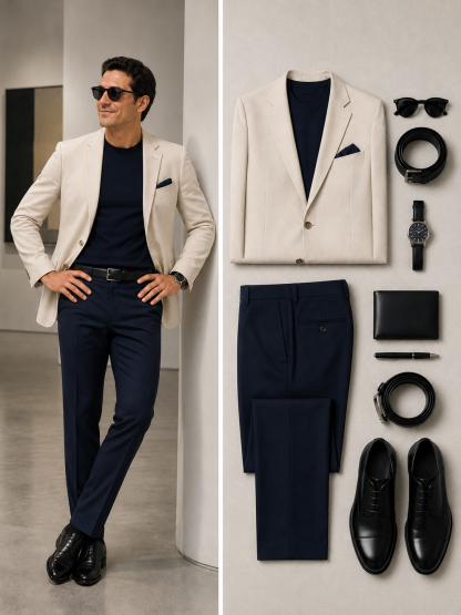 Men's Off‑White Blazer And Navy Blue Dress Pants 2‑Piece Matching Outfit Set
