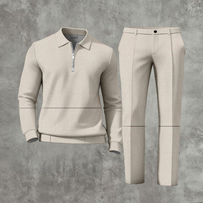 Men's Casual Beige Color Matching Printed Zipper Long Sleeved Polo Shirt & Trousers Two-Piece Set