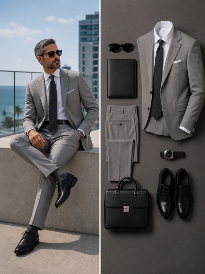 Men's Light Gray Blazer And Matching Dress Pants 2‑Piece Suit Set