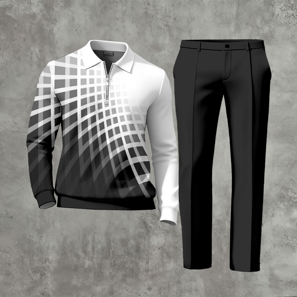 Men's Casual Black & White Color Matching Geometric Gradient Printed Polo-Collar Zipper Long Sleeved Trousers Two-Piece Set