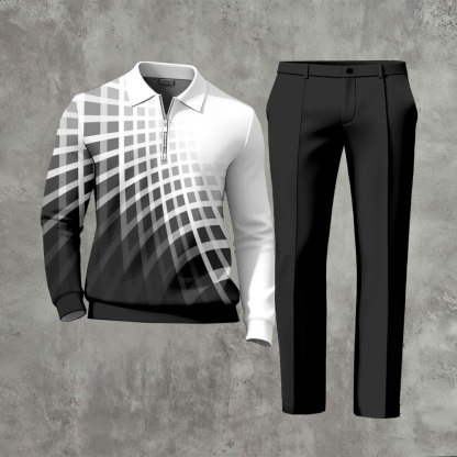 Men's Casual Black & White Color Matching Geometric Gradient Printed Polo-Collar Zipper Long Sleeved Trousers Two-Piece Set