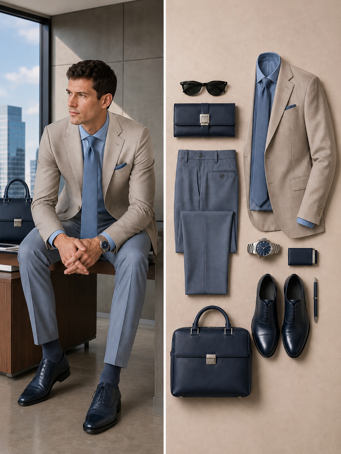 Men's Light Khaki Blazer, Lapel Collar Shirt & Slate‑Blue Dress Pants 3‑Piece Matching Outfit Set