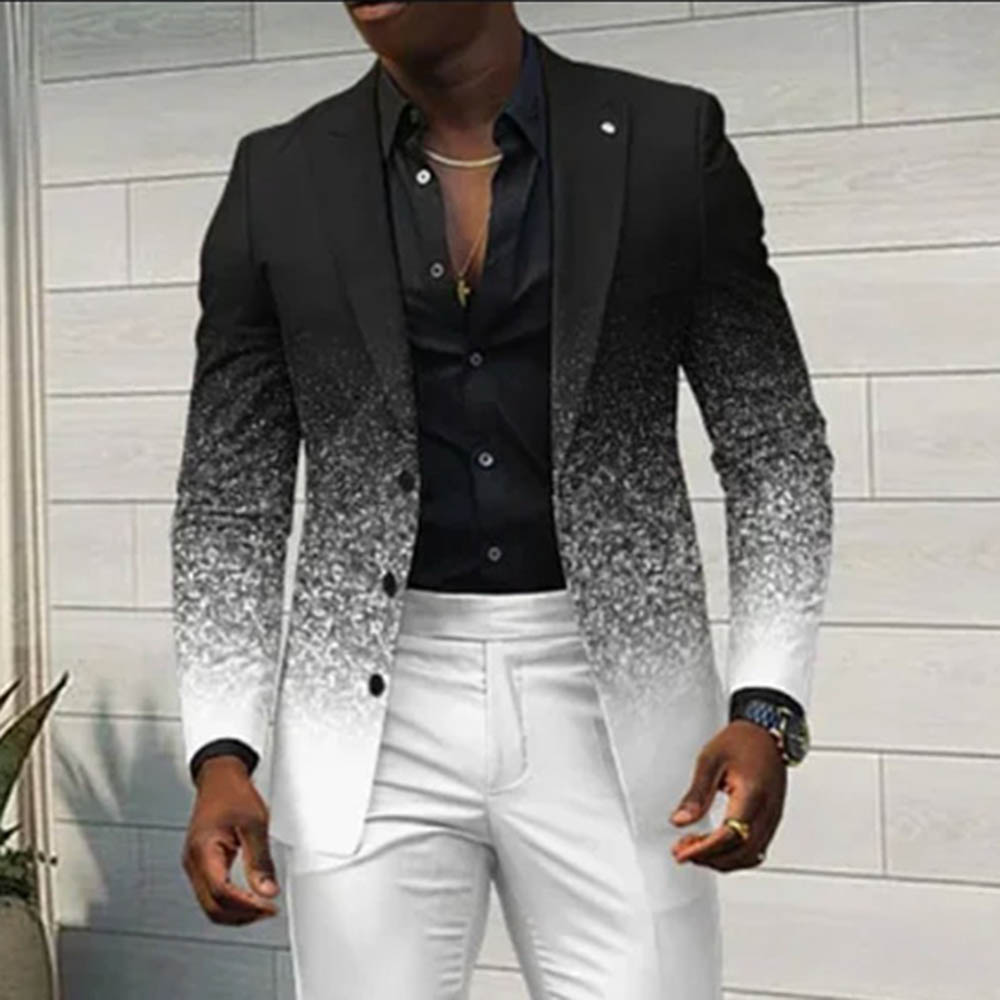 BlazerMen's Gradient Black & White Color Matching Gradient Printed Long Sleeves Blazer & Trousers Two Pieces Set