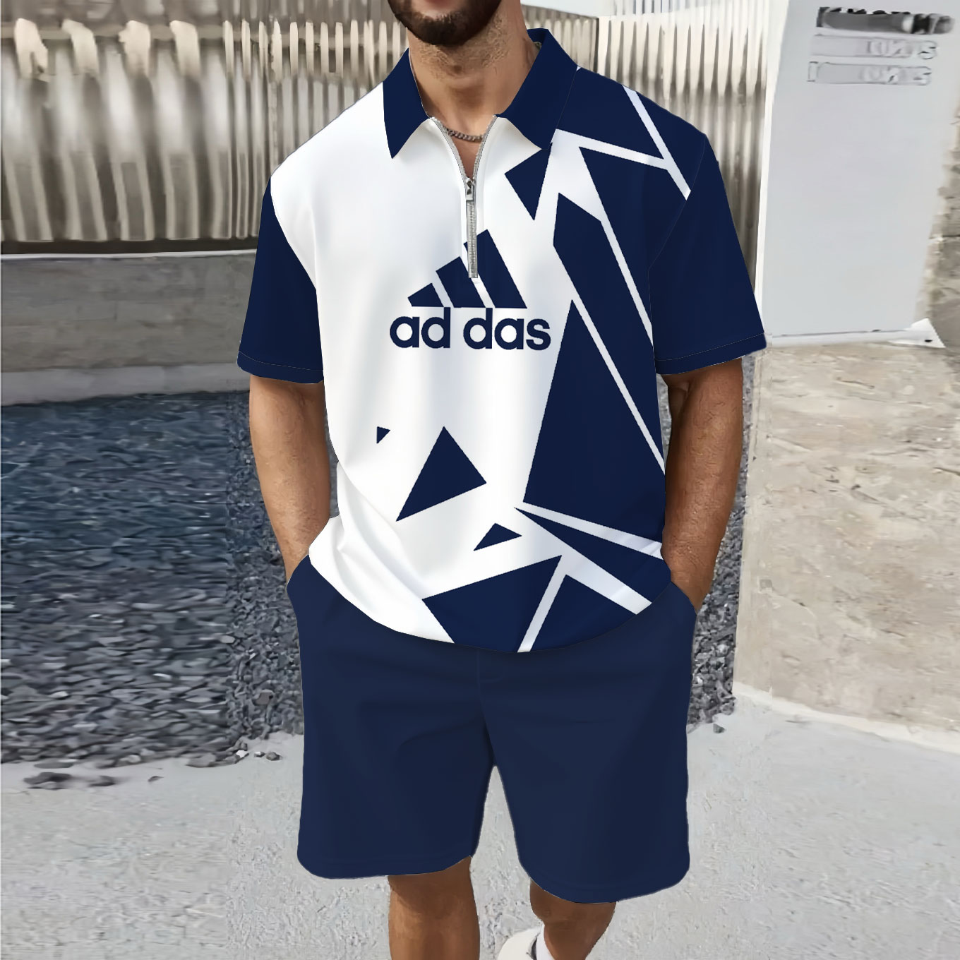 Men's Fashion Casual Zipper Polo Collar Geometric Printed Short-Sleeved Two-Piece Set