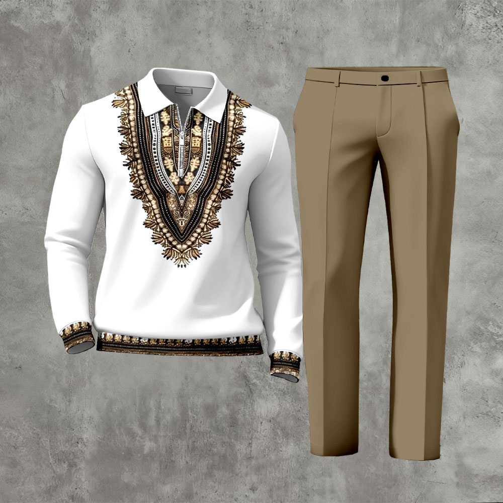 Men's Casual White & Tan Color Matching Vintage Pattern Zipper Long Sleeved Polo Shirt & Trousers Two-Piece Set