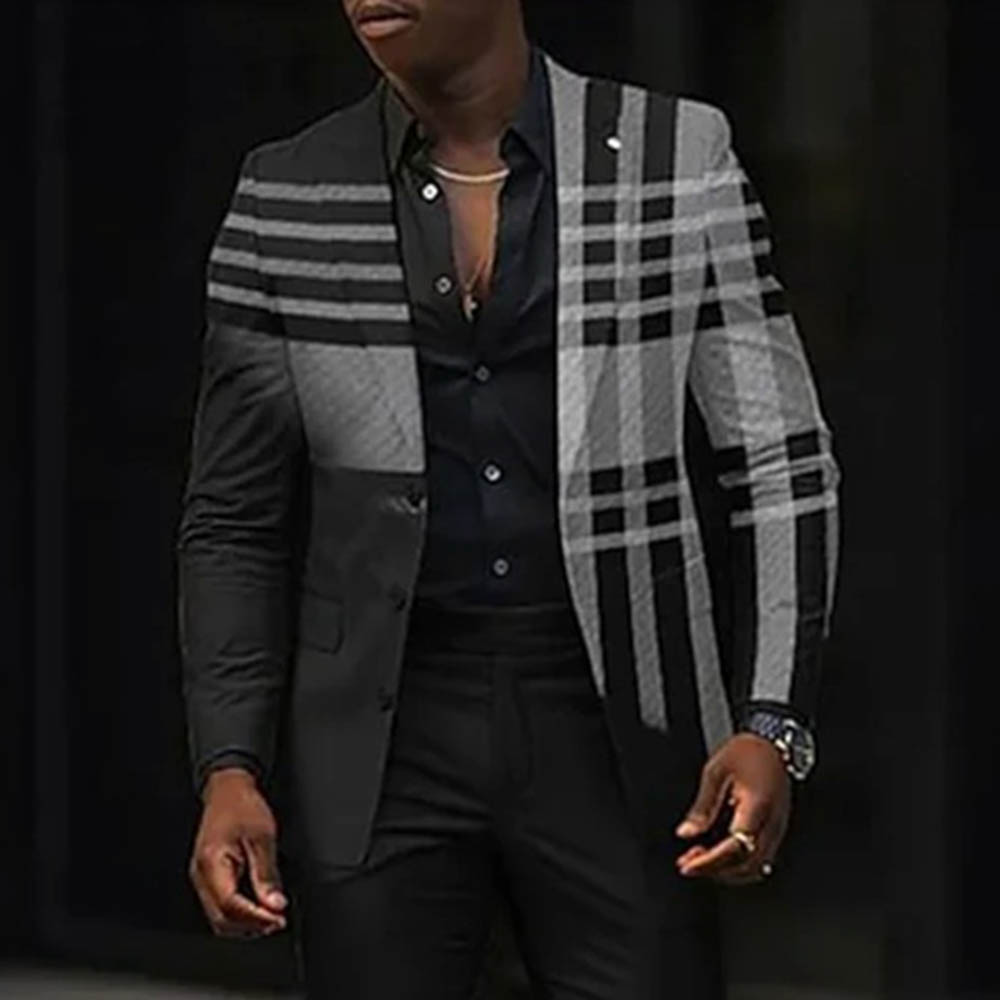 BlazerMen's Gradient Black & Gray Color Matching Checkered Printed Long Sleeves Blazer & Trousers Two Pieces Set
