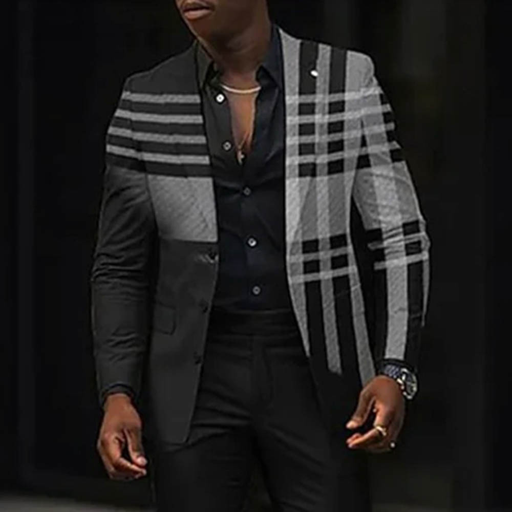 Men's Gradient Black & Gray Color Matching Checkered Printed Long Sleeves Suits Jacket& Trousers Two Pieces Set