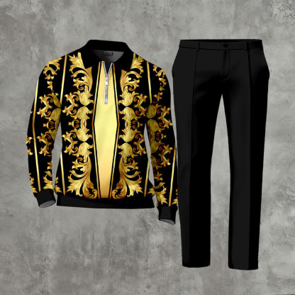 Men's Casual Gold Baroque Printed Zipper Long Sleeved Polo Shirt & Trousers Two-Piece Set