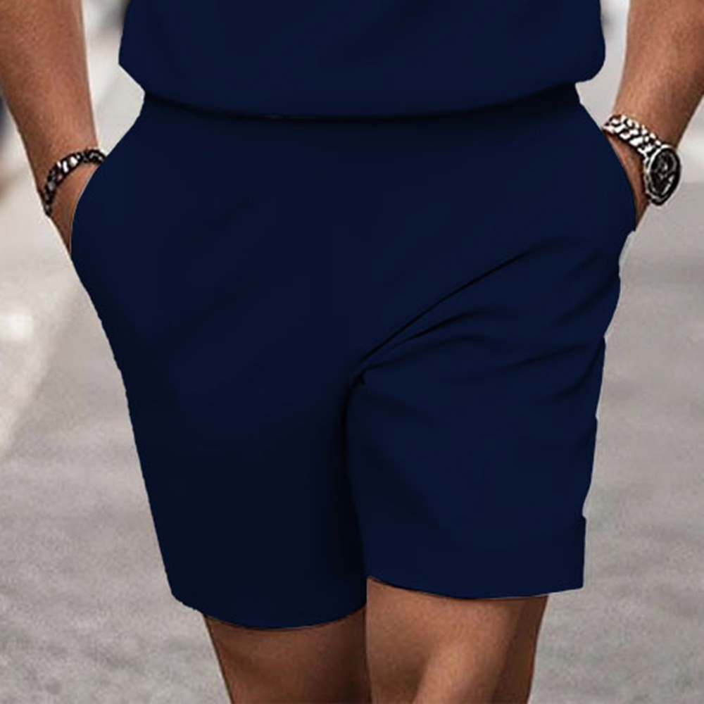 Men's Fashion Casual Round-Neck Navy Blue Geometric Printed Short-Sleeved Two-Piece Set