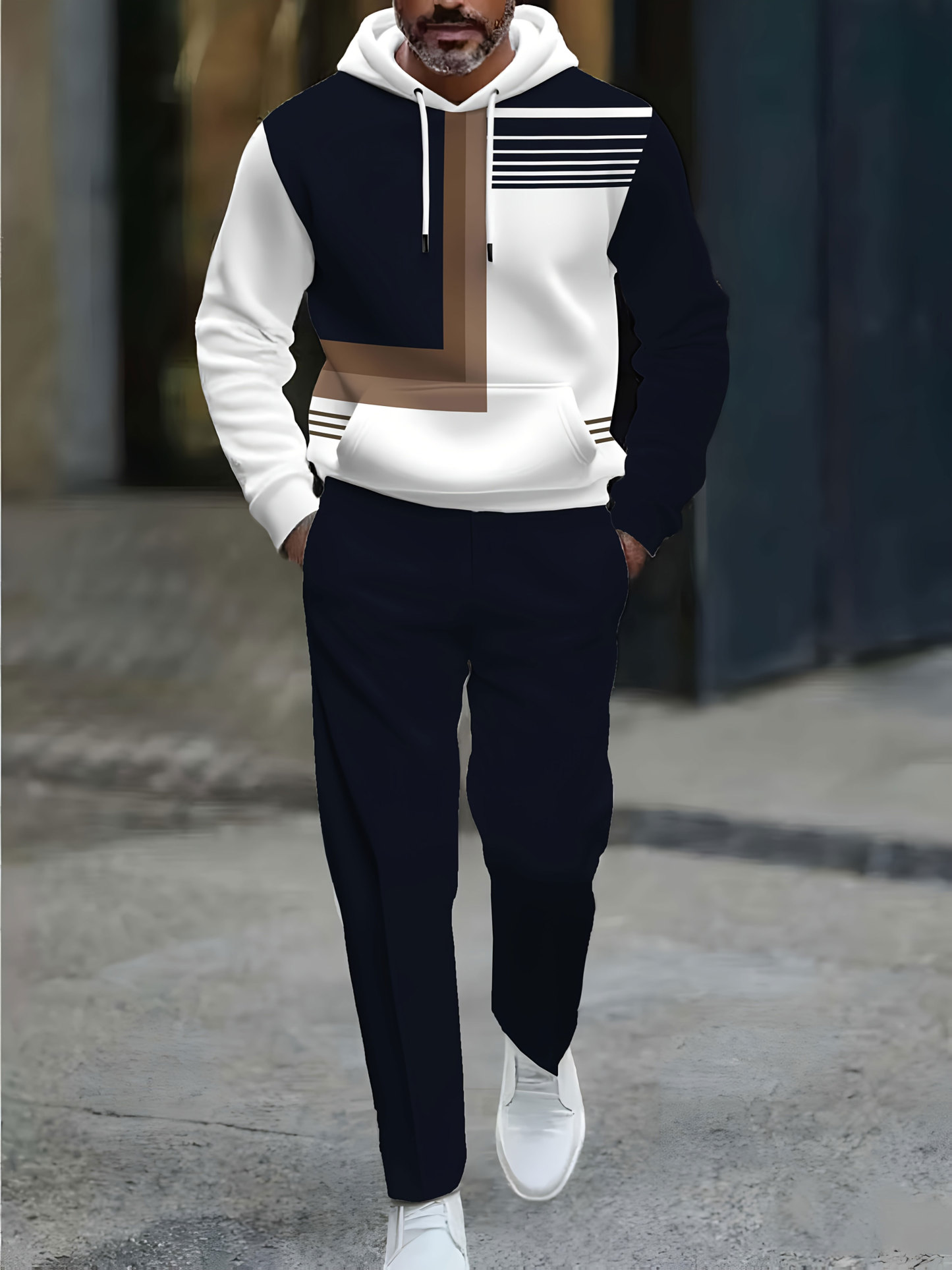 Men's Casual Color Matching Printed Hoodies Long Sleeved Trousers Two-