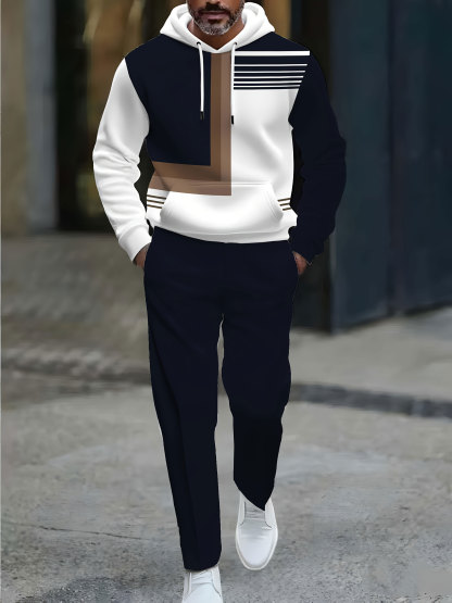 Men's Casual Color Matching Printed Hoodies Long Sleeved Trousers Two-Piece Set