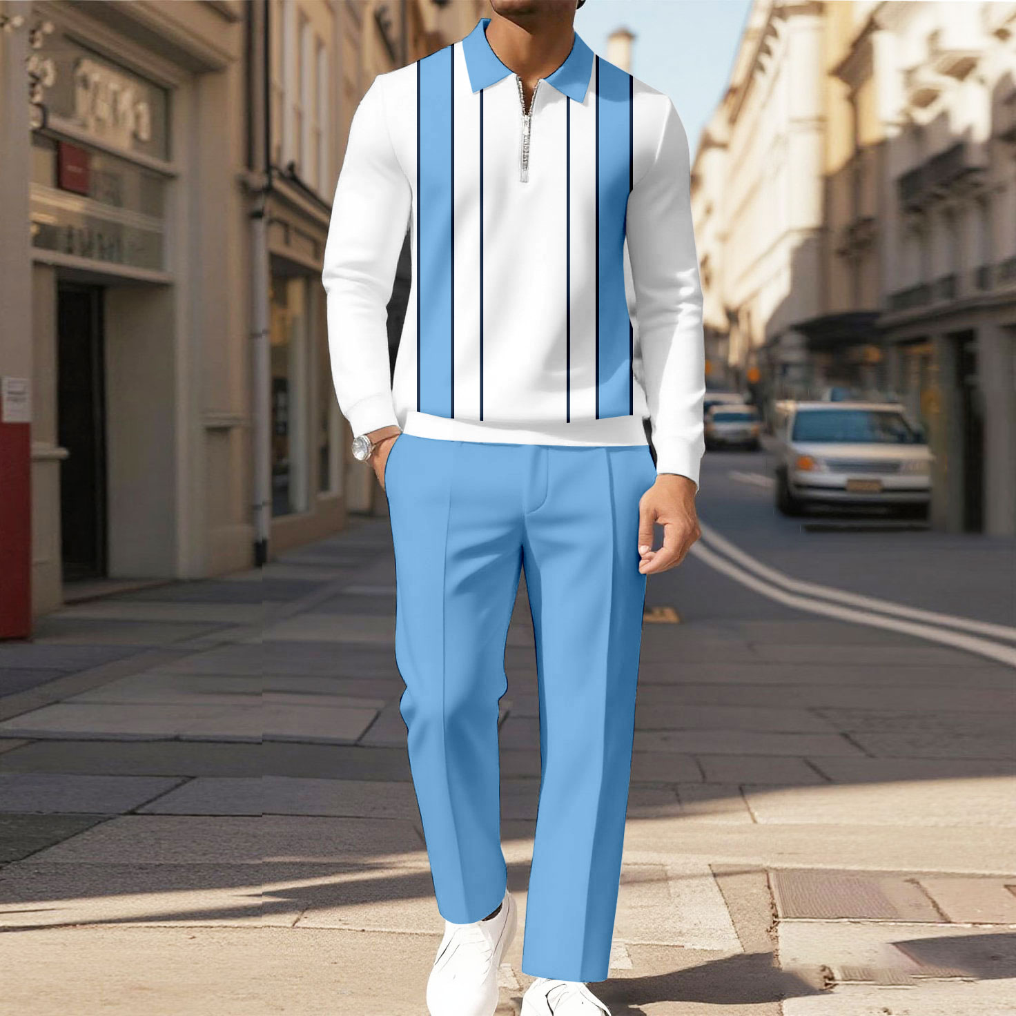 Men's Casual Color Matching Printed Polo-Collar Zipper Long Sleeved Trousers Two-Piece Set