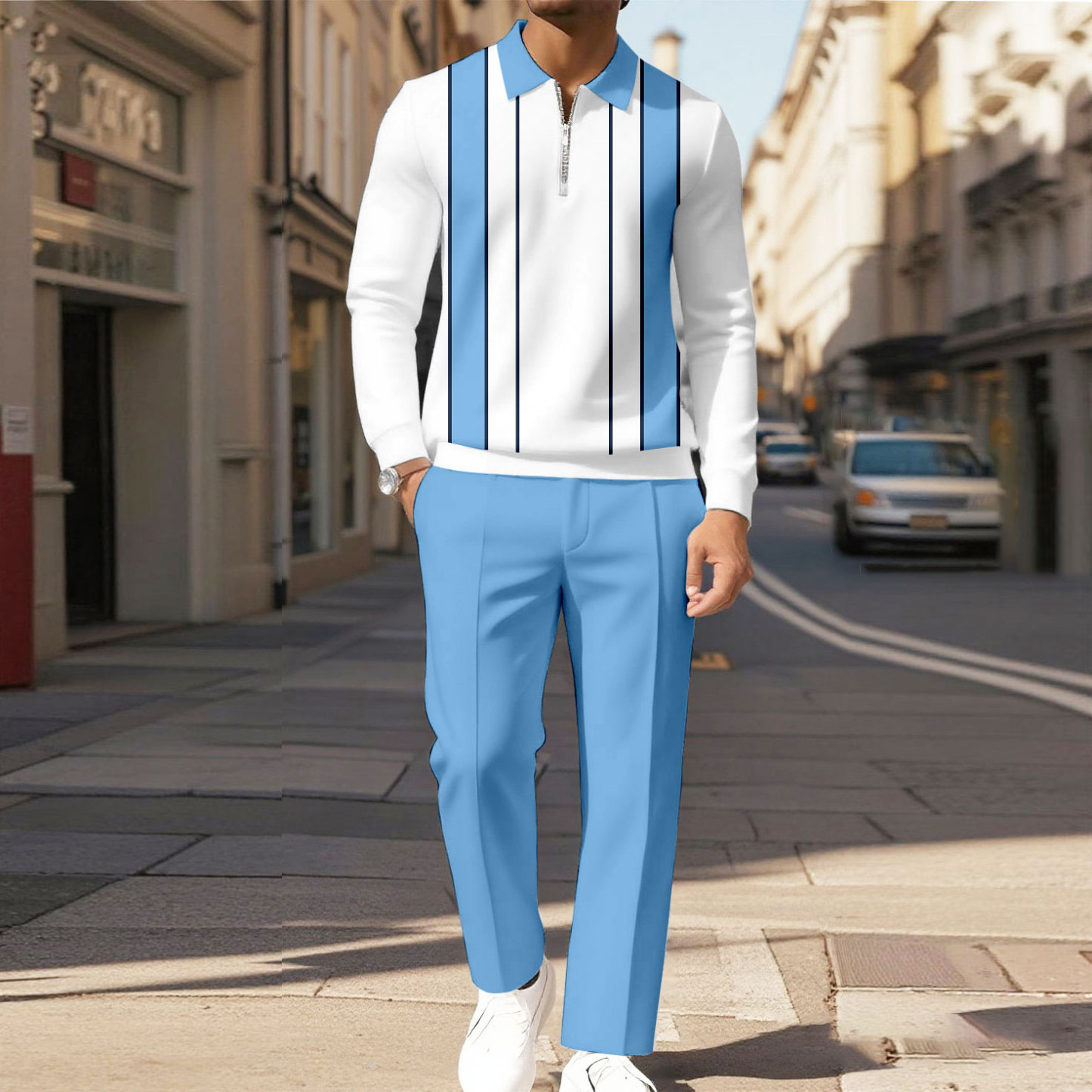 Men's Casual Color Matching Printed Polo-Collar Zipper Long Sleeved Tr