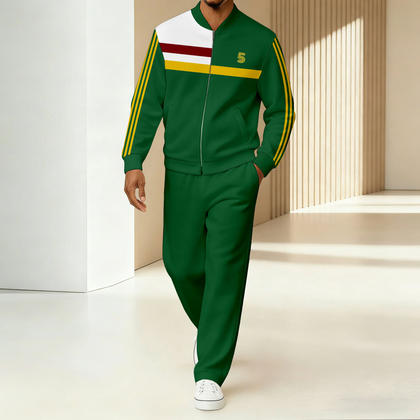 Men's Minimalist Green & Yellow Color-Block Geometric Printed Jacket Sports Jogging Set
