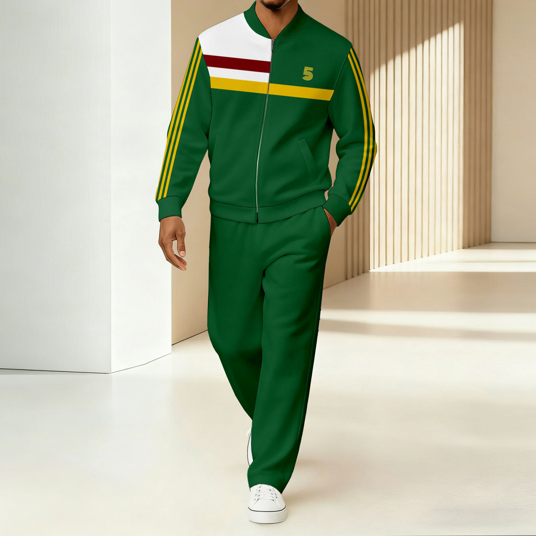 Men's Minimalist Green & Yellow Color-Block Geometric Printed Jacket Sports Jogging Set
