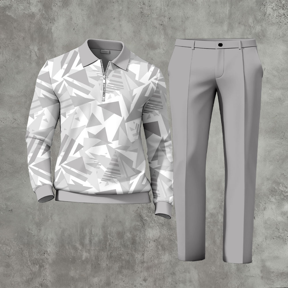 Men's Casual Light Gray & White Color Matching Geometric Printed Zipper Long Sleeved Polo Shirt & Trousers Two-Piece Set
