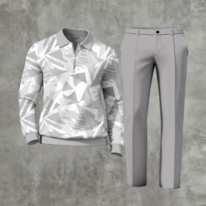 Men's Casual Light Gray & White Color Matching Geometric Printed Zipper Long Sleeved Polo Shirt & Trousers Two-Piece Set