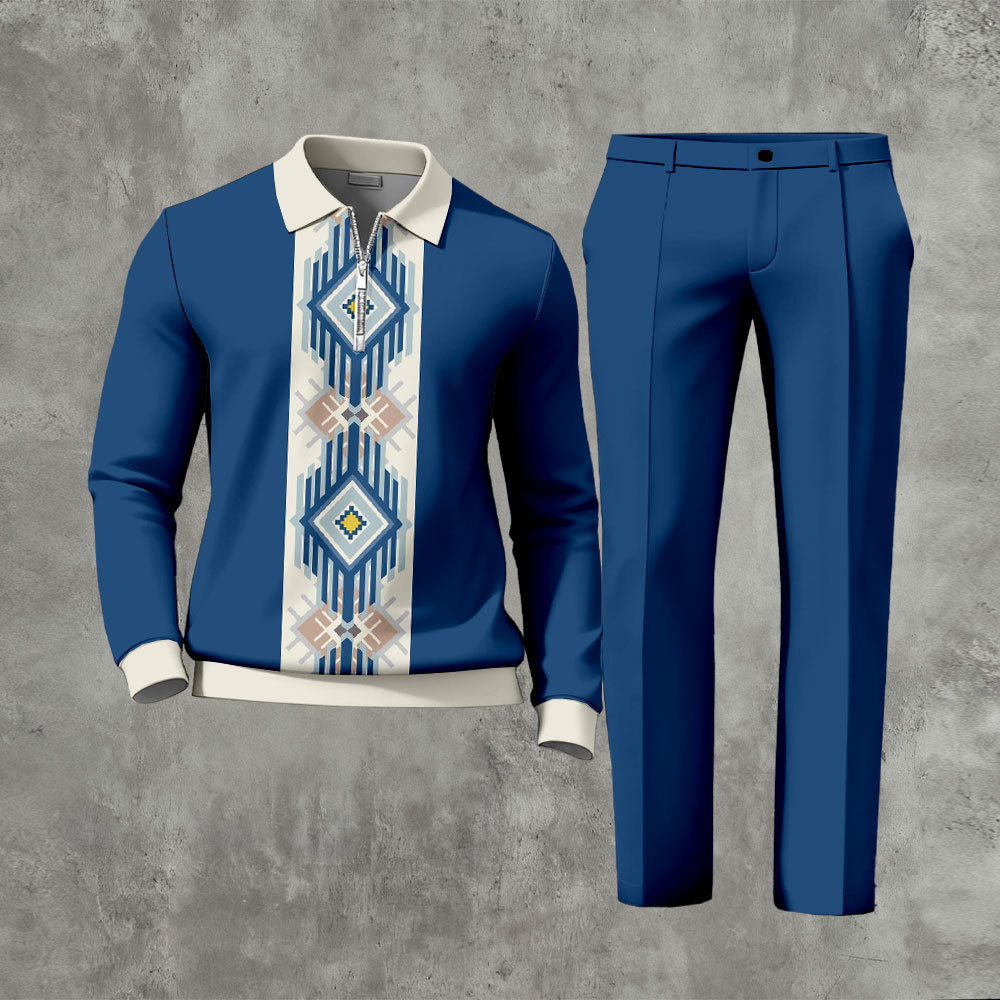 Men's Casual Royal Blue & Beige Color Matching Ethnic Style Printed Zi