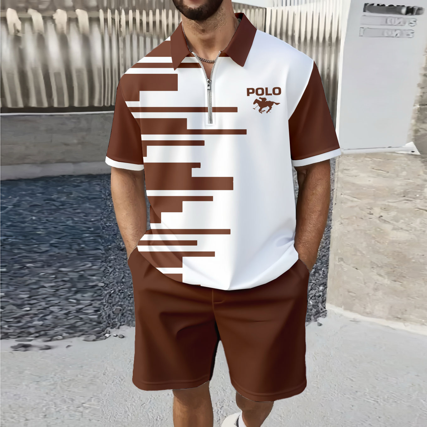 Men's Fashion Casual Zipper Polo Collar Geometric Printed Short-Sleeved Two-Piece Set