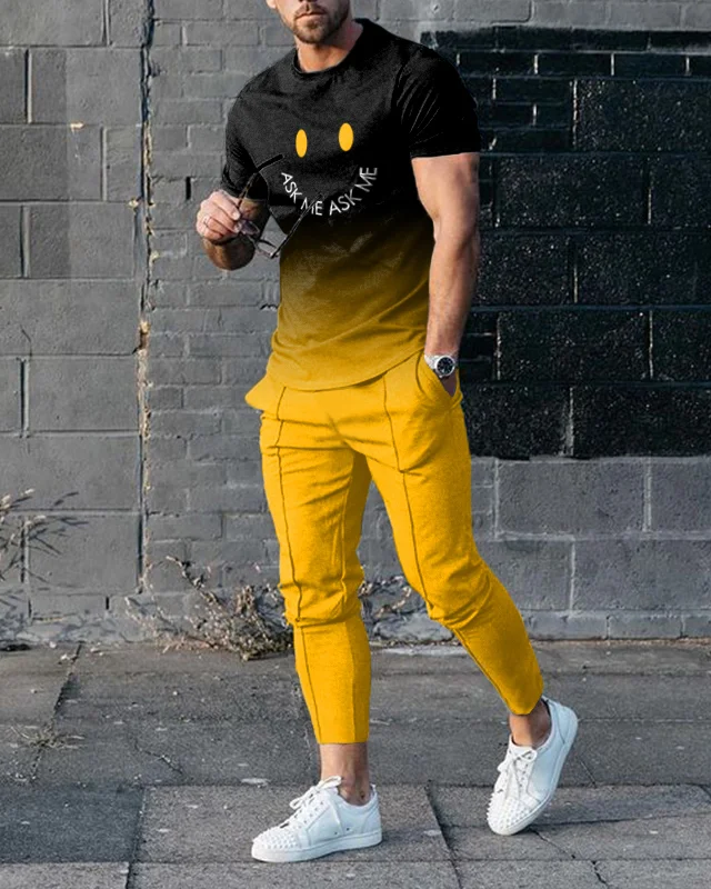 Men's simple contrast color short-sleeved trousers suit 484