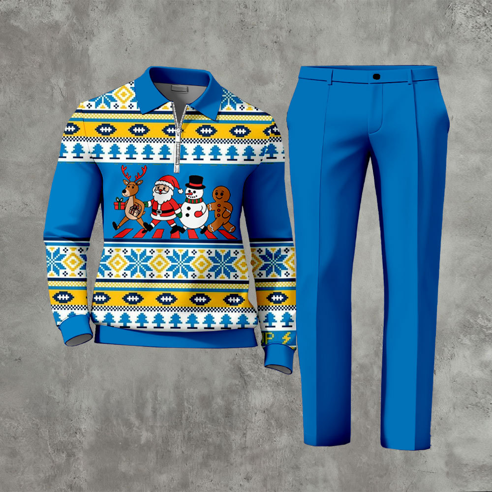 Men's Casual Blue & Yellow Color Matching Christmas Printed Zipper Lon