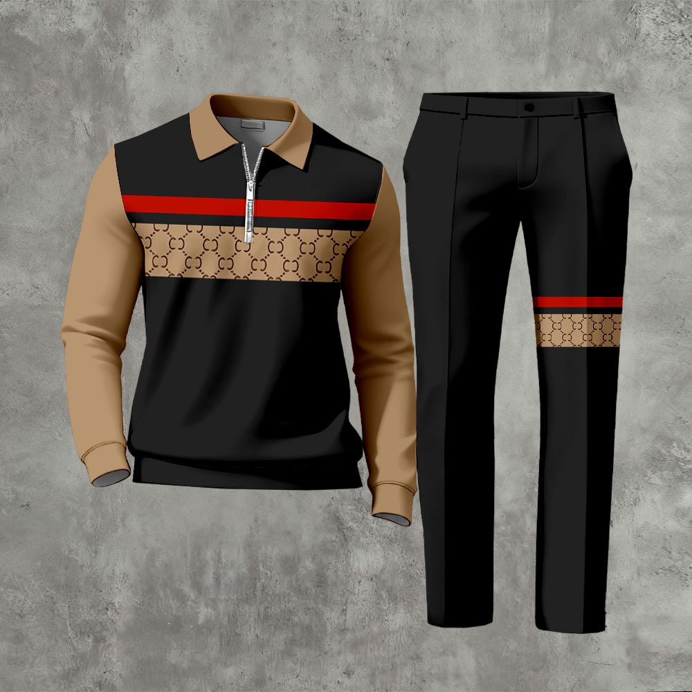 Men's Casual Tan & Black Color Patchwork Printed Zipper Long Sleeved Polo Shirt & Trousers Two-Piece Set