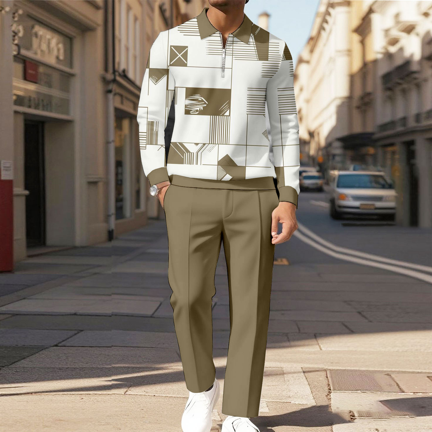 Men's Casual Color Matching Printed Polo-Collar Zipper Long Sleeved Trousers Two-Piece Set