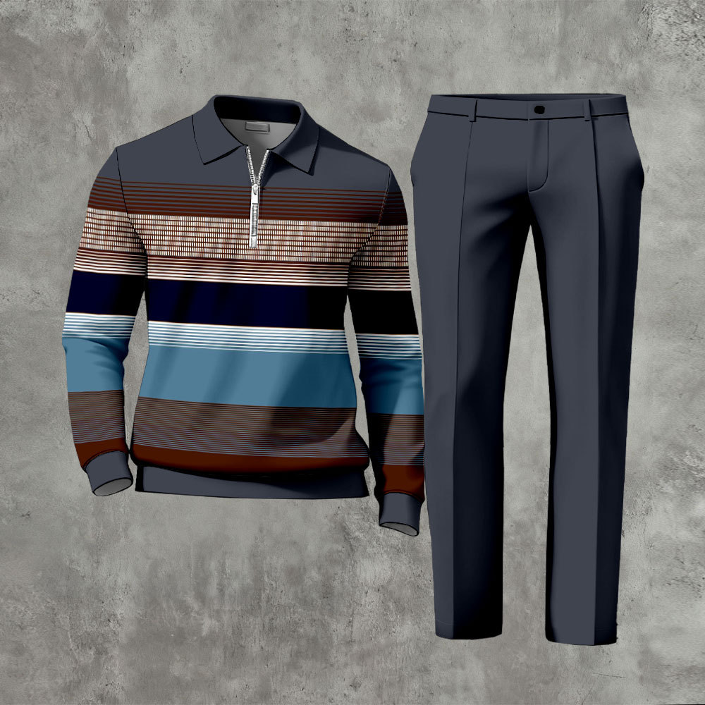 Men's Casual Navy Blue & Multi Color Matching Striped Printed Zipper L