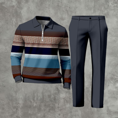 Men's Casual Navy Blue & Multi Color Matching Striped Printed Zipper Long Sleeved Polo Shirt & Trousers Two-Piece Set