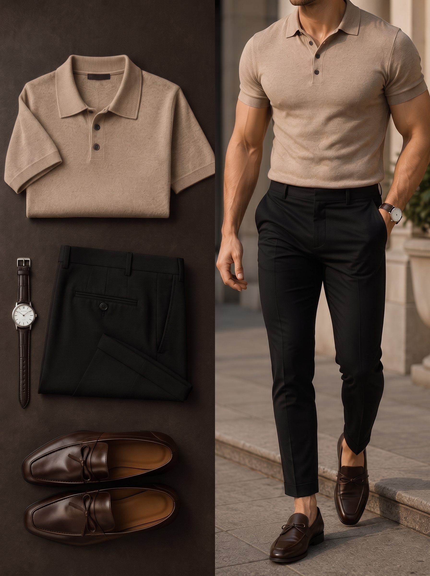 Men's Khaki Retro Style Short Sleeves Polo Shirt & Black Pants Two-Piece Set