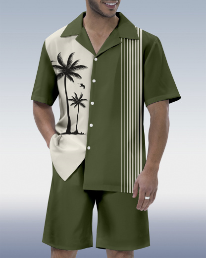 Men's Hawaiian Tiki Party Print Cuban Collar Short Sleeve Shirt Set