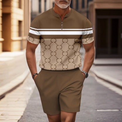Men's Fashion Casual Round-Neck Brown & White Color Matching Retro Style Checkered Printed Short-Sleeved Two-Piece Set 951