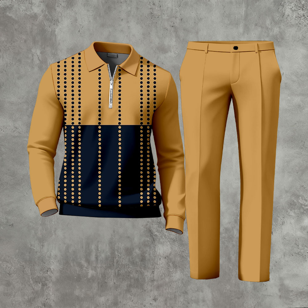 Men's Casual Ginger & Navy Color Matching Polka Dots Printed Polo-Collar Zipper Long Sleeved Trousers Two-Piece Set