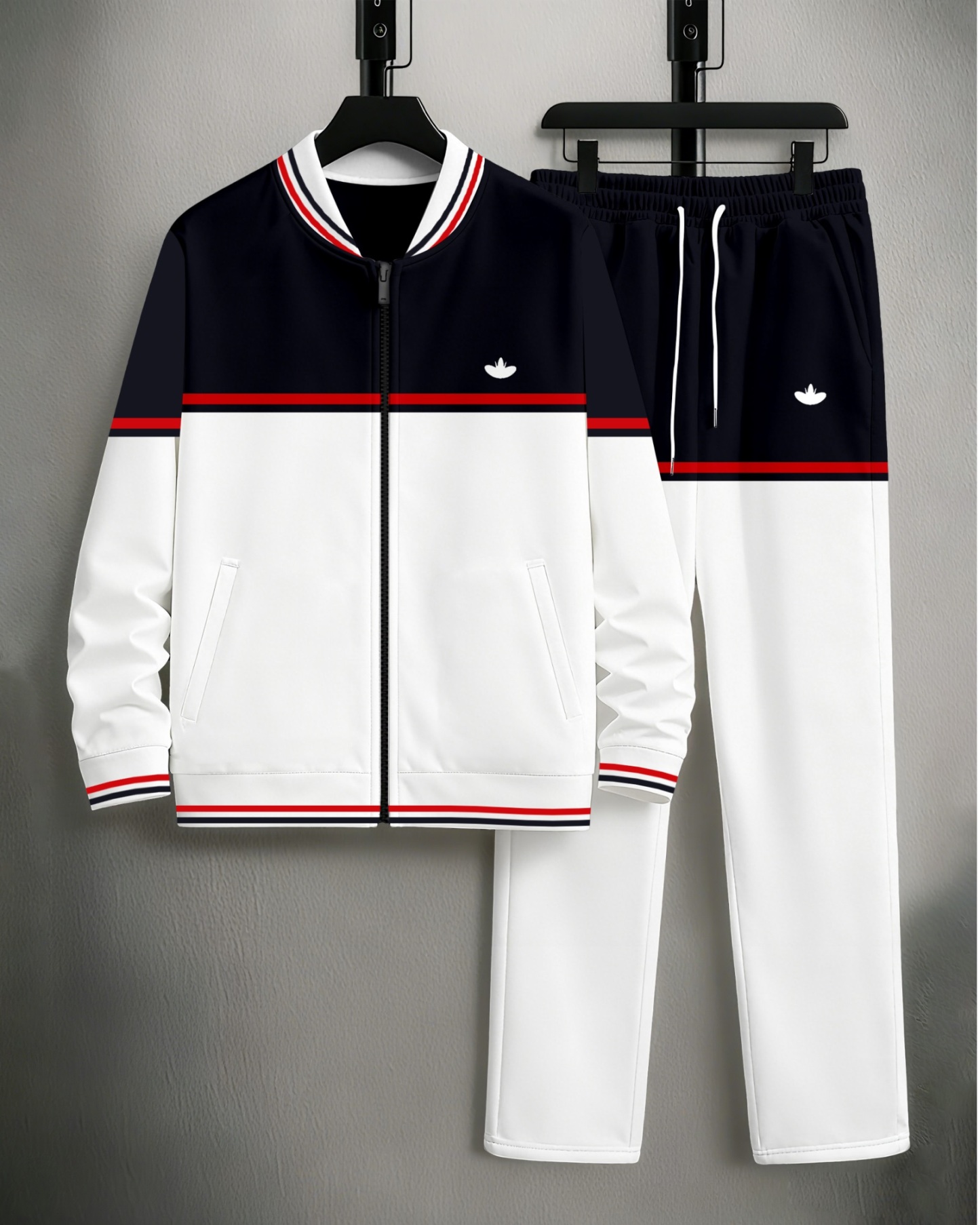 Men's Minimalist Black & White Color-Block Jacket Sports Jogging Set