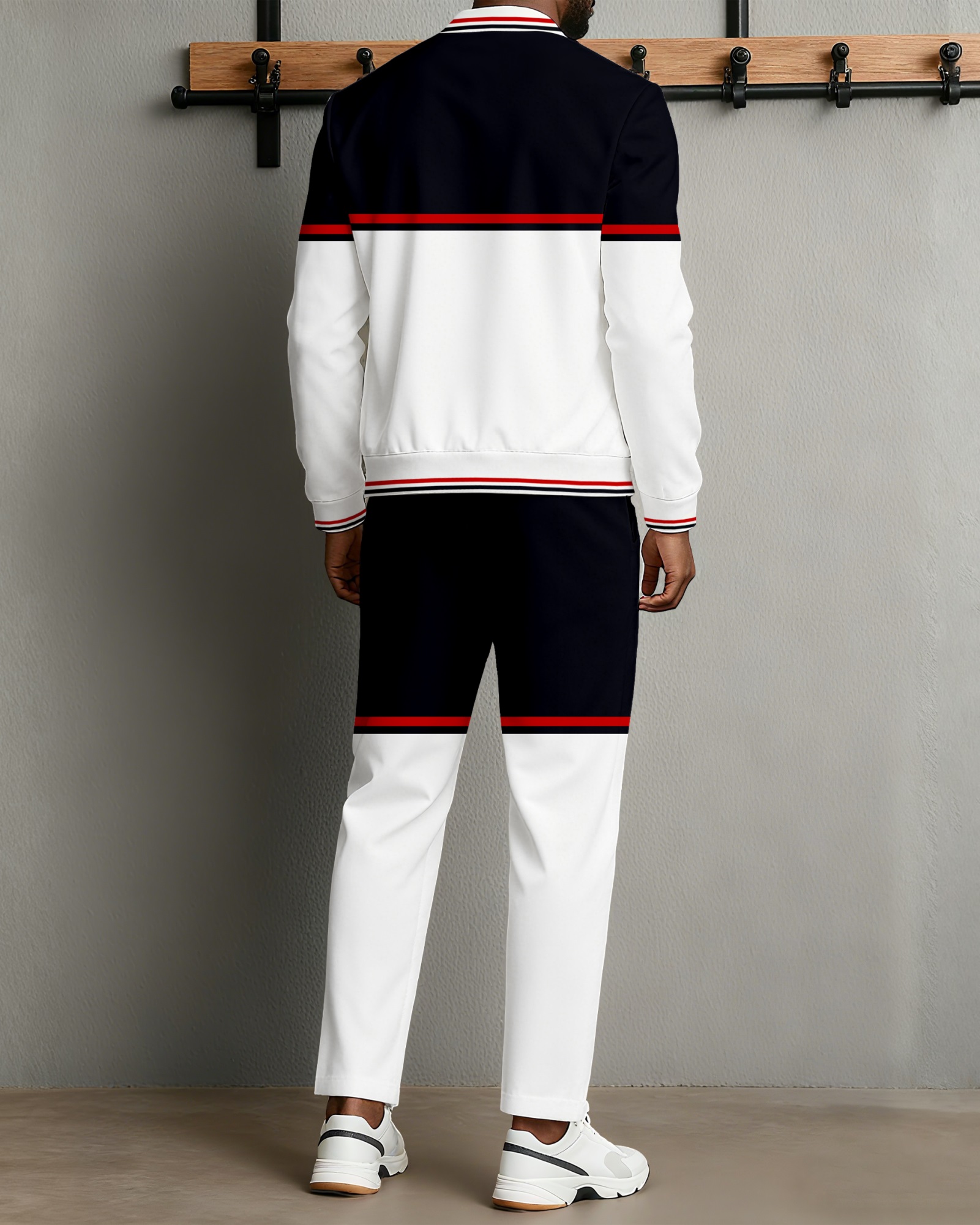 Men's Minimalist Black & White Color-Block Jacket Sports Jogging Set