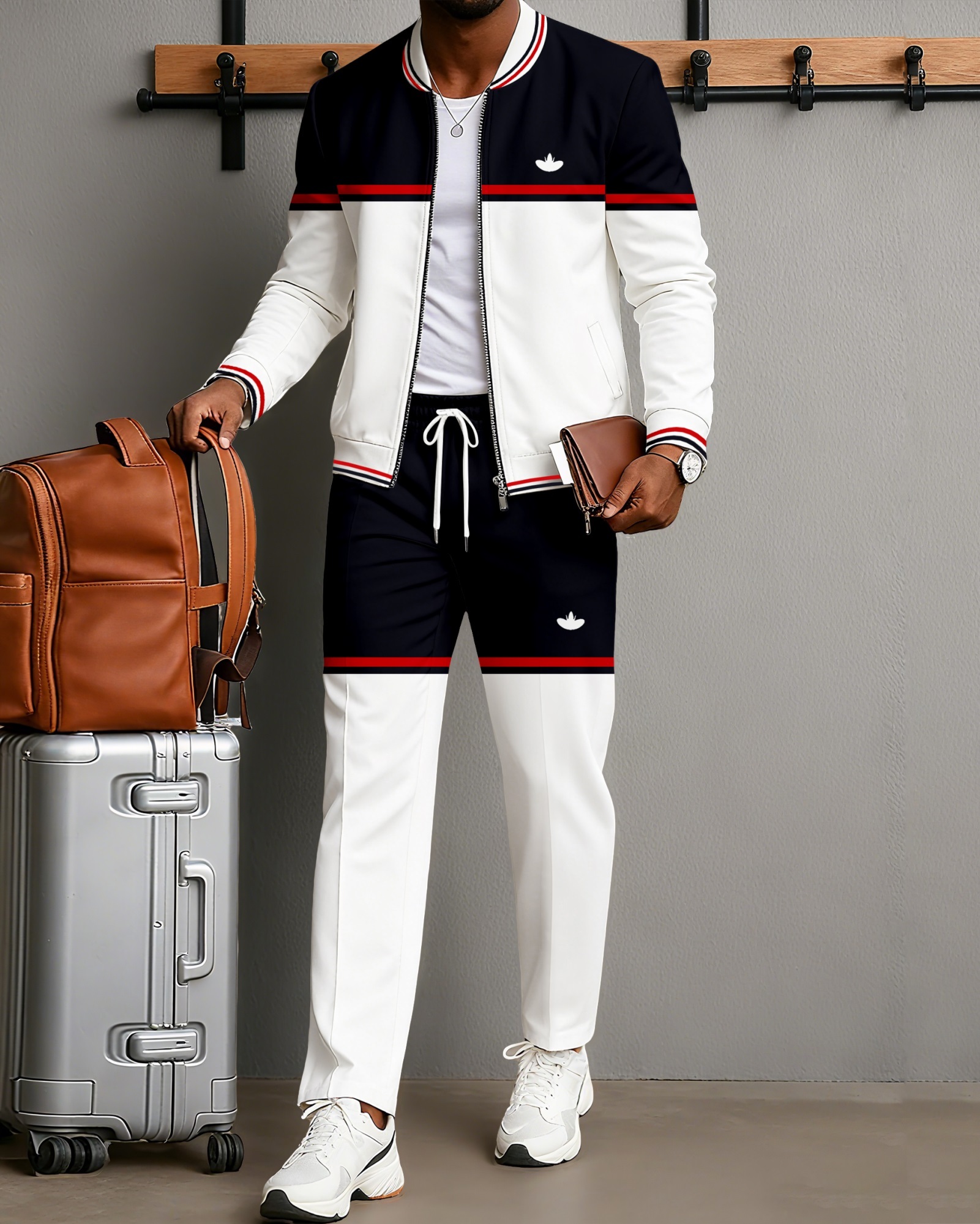 Men's Minimalist Black & White Color-Block Jacket Sports Jogging Set