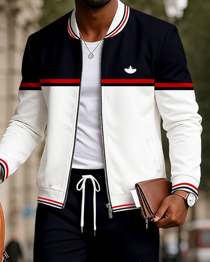 Men's Minimalist Black & White Color-Block Jacket Sports Jogging Set