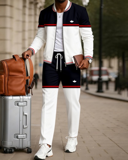 Men's Minimalist Black & White Color-Block Jacket Sports Jogging Set