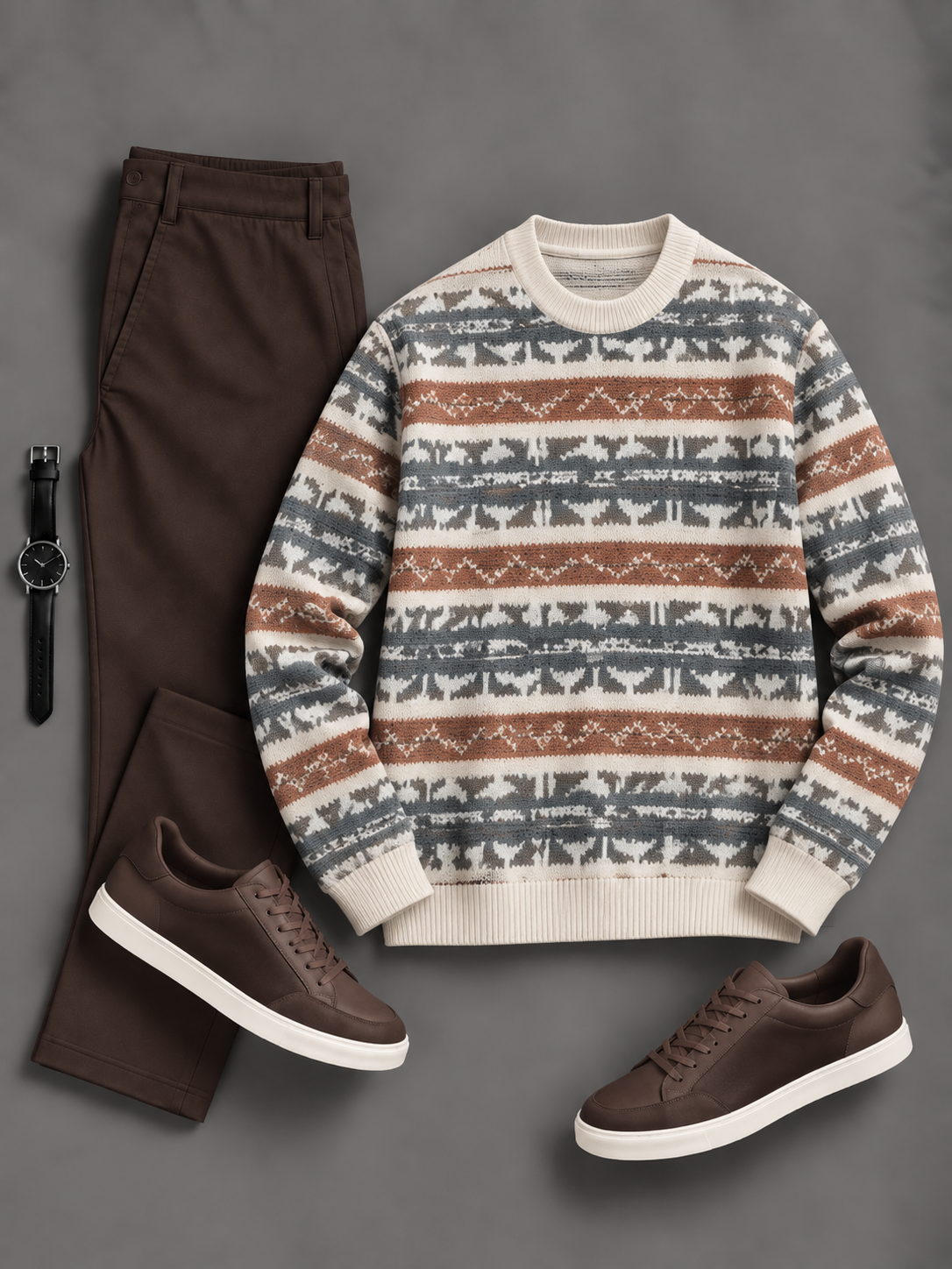 Men's Casual Stripe Fair Isle Crew Neck Knit Sweater & Straight Chino Pants 2‑Piece Matching Outfit Set, Multiple Colors Available