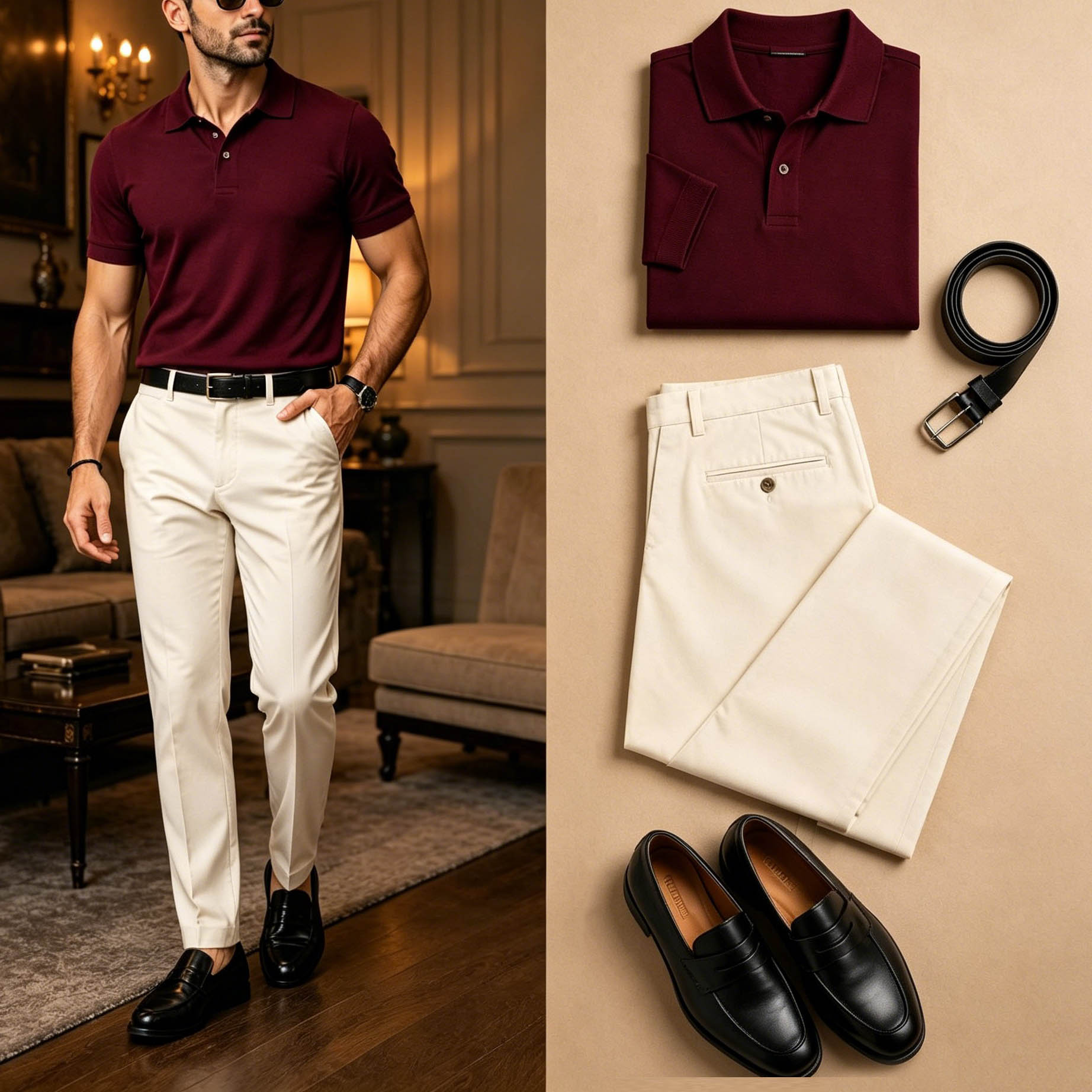 Men's Casual Wine Red & Off White Solid Polo Shirt And Pants Two-Piece Set
