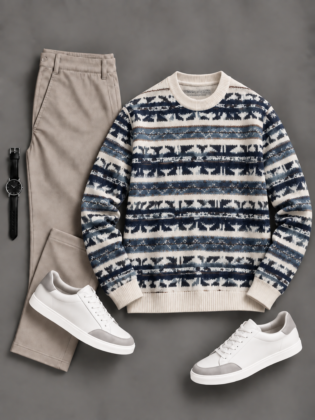 Men's Casual Stripe Fair Isle Crew Neck Knit Sweater & Straight Chino Pants 2‑Piece Matching Outfit Set, Multiple Colors Available